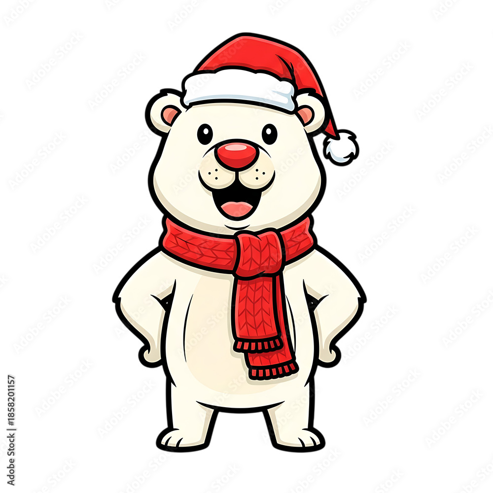 Fototapeta premium Cute Polar Bear in Santa Hat and Red Scarf Cartoon Christmas Character on Isolated Transparent Background 