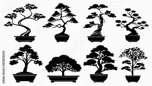 Set of Eight Detailed Bonsai Tree Silhouettes Japanese Zen Art Potted Plants for Nature and Wellness Design Elements and Branding