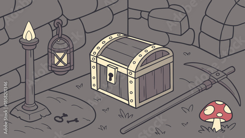 Fantasy Adventure Dungeon Scene with Treasure Chest Pickaxe Keys Torch and Mushroom Isometric Game Asset Discovery