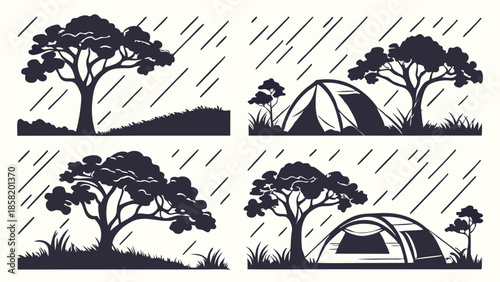 Forest Camping Silhouette Icons Set Rainy Weather Outdoor Adventure Graphic Design Elements