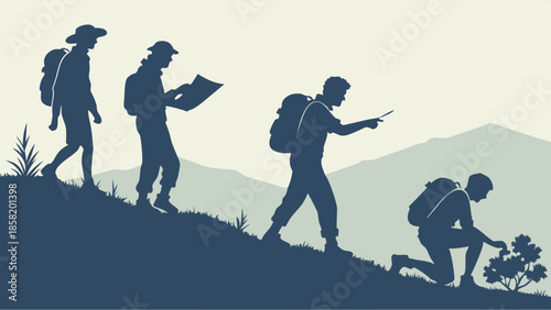 Backpackers Hiking Uphill Progression Chart Reading Map Directing and Studying Nature Discovery Evolution