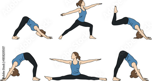 Comprehensive vector collection of female yoga poses and fitness exercises including meditation, stretching, warrior asanas, and planks for wellness and health designs.
