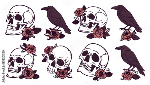 Gothic Skull Raven Rose Tattoo Design Elements for Dark Aesthetic Branding, Spooky Halloween Decor, Alternative Fashion Graphics, Mysterious Occult Art