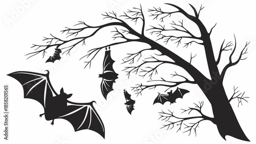 Spooky Halloween Bats Flying Around Bare Tree Branches for Spooky Night Party Invitations and Eerie Holiday Decorations