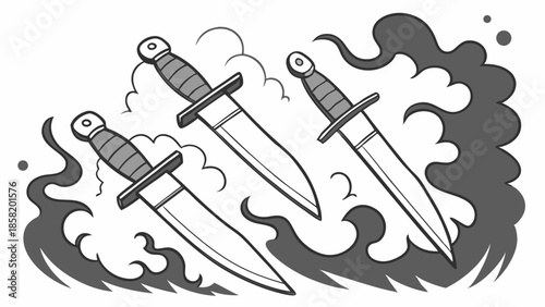 Mysterious Daggers Emerging from Smoke for Fantasy Game Art, Thriller Movie Poster, Dark Magic Website Design, Action Adventure Cover, Mysterious Story Illustration