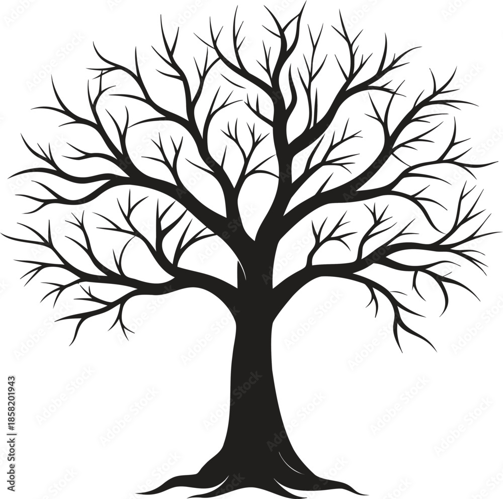 Fototapeta premium Vector illustration of a leafless tree silhouette with exposed branches and roots