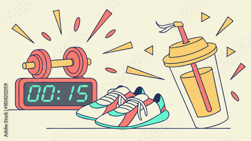 Fitness Motivation for Healthy Lifestyle Goals Dynamic Workout Routine with Dumbbell Sneakers and Refreshing Drink for Wellness Marketing and Web Design