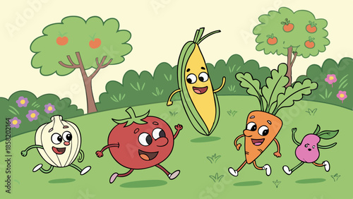 Happy Cartoon Vegetables and Fruits Running in Garden, Healthy Food Education, Kids Nutrition, Summer Fun, Organic Produce Marketing, Cheerful Lifestyle