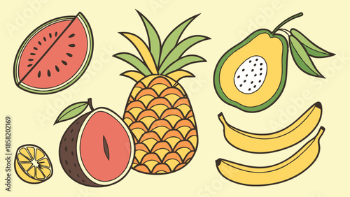Vibrant Tropical Fruits Pineapple Banana Watermelon Papaya Guava Lemon for Healthy Summer Food Marketing Web Design and Recipes