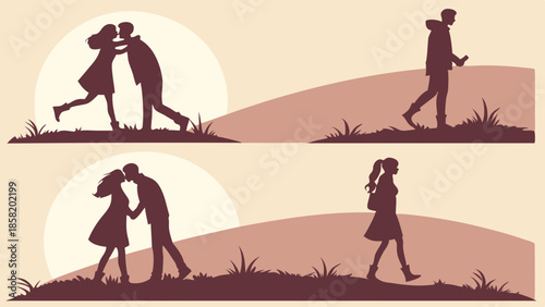Couple Embracing Sunset, Man Walking Away Phone, Woman Walking Alone, Relationship Stages, Love, Breakup, Loneliness, Hope, New Beginnings
