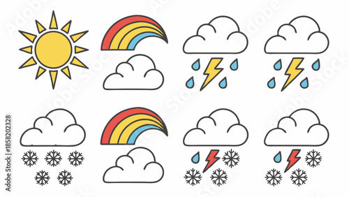 Weather Icons for Forecasting Apps and Websites: Sun, Rainbow, Rain, Snow, Lightning. Dynamic Climate Graphics for Design Projects.