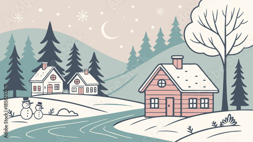 Cozy Winter Village Scene for Holiday Marketing, Christmas Greeting Cards, Seasonal Web Design, and Peaceful Rural Lifestyle Promotion.