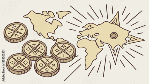 Global Business Growth Strategy Coins and World Map for Financial Investment and International Expansion, Inspiring Opportunity and Success