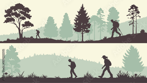 Hikers Trekking Through Forest Hills for Outdoor Adventure, Wellness, and Travel Marketing, Inspiring Freedom and Exploration