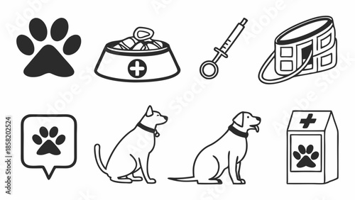 Veterinary Care Icons: Dog Food, Syringe, Paw Print, and Happy Pets for Animal Health Marketing and Website Design