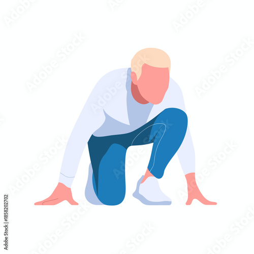 A determined athletic man crouches in a strong start position, ready to sprint ahead, showcasing the spirit of resilience and focus in sports and physical competition.