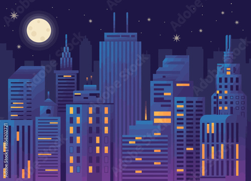 A modern city skyline illuminated at night with glowing windows under a starry sky and a bright moon, capturing the essence of urban life and architectural beauty in vibrant hues.