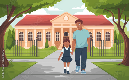 This vibrant depiction shows a father walking hand-in-hand with his daughter, capturing the warmth of family relationships and the excitement of school adventures in a welcoming environment.