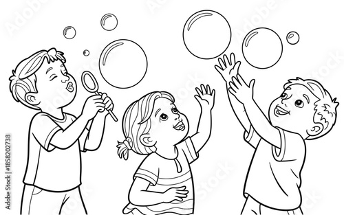 An engaging black and white illustration of children joyfully interacting with soap bubbles, capturing the essence of childhood innocence and the joy of play.