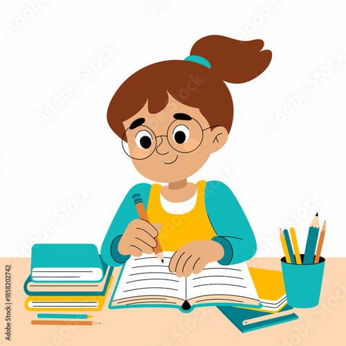 A cute illustration of a focused student diligently studying at a desk, surrounded by books and stationery, capturing the essence of learning and educational enthusiasm.