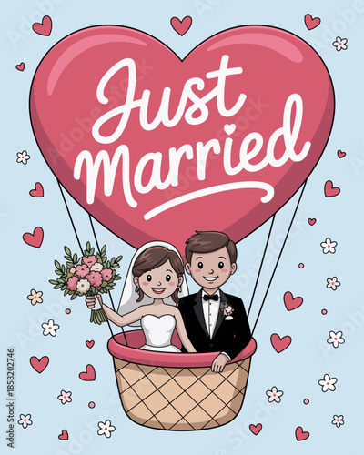 A fun and whimsical illustration of a newly married couple in a hot air balloon, surrounded by hearts and flowers, celebrating their special day with joy and love.