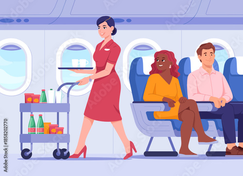 A friendly flight attendant serves drinks and snacks on an airplane, showcasing the comfort and hospitality of in-flight service in a colorful, vibrant setting.
