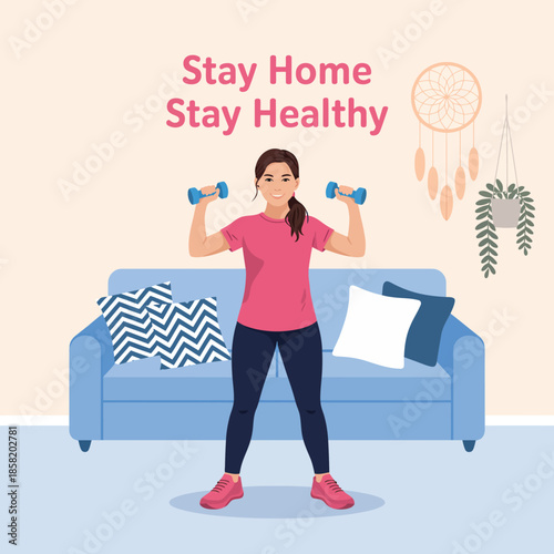 An inspiring graphic of a woman lifting weights at home to promote staying fit and healthy, emphasizing the importance of exercise and wellness in everyday life.
