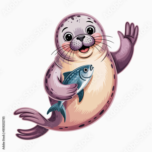 This playful image features a cute cartoon seal joyfully waving while holding a fish, capturing a whimsical and friendly vibe that would appeal to children and animal lovers alike.