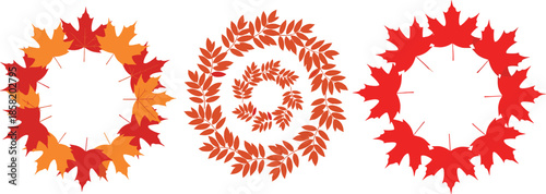 Autumn leaf wreath illustration set with colorful fall foliage circles and spiral arrangement in flat decorative style for seasonal designs, frames, and harvest themes