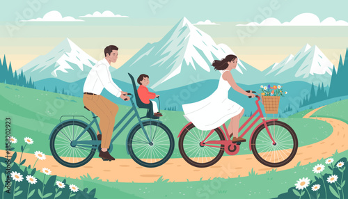 A cheerful family enjoys a bike ride in the mountains, capturing the essence of togetherness, nature, and leisure in a beautiful, serene landscape.