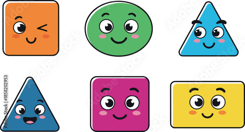 Cute geometric shape character illustration set with happy cartoon faces in flat kawaii style for kids education, learning games, stickers, and playful design projects