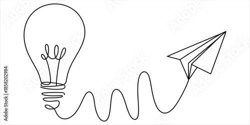 Innovative idea generation with lightbulb and flying paper airplane.