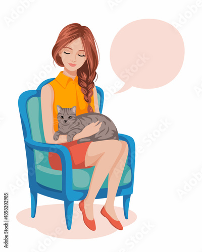 In a cozy setting, a woman sits comfortably in an armchair, cradling a cat, illustrating calmness, companionship, and the joy of spending quality time with pets.