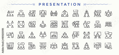 Set of Presentation line icon. Featuring audience, conference, team, teamwork, brainstorm and more. Thin UI icons. Conference line icon set. Editable vector stroke.