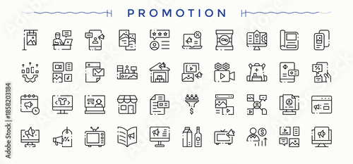 Promotion icon set. Modern icons collection. Marketing icon. Contain linear symbols marketing brand marketing, social media marketing, advertising and more.