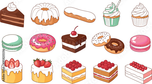 Sweet dessert illustration set with cakes, donuts, macarons, cupcakes, and pastries in colorful flat style for bakery menus, packaging, and food designs