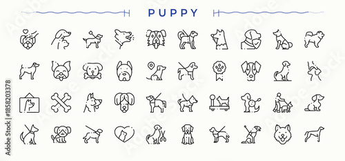 Puppy modern icon set. Puppy line icon set. Contain linear sign pet, domestic, dog, animal, animals and more. Editable stroke. Vector collection.