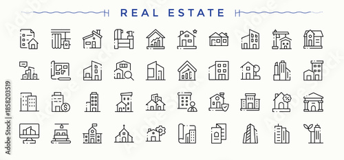 Real Estate modern icon set. Home icon set. Contains such symbols as estate, home, skyscraper, property, apartment, mortgage and more. Vector illustration.