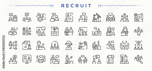 Recruitment icon set. Minimalist icons pack. Pack of job, hiring, career, recruit, employment, employee, resource. Editable stroke. Human Resource icon set.
