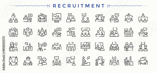 Recruitment icon set. Web icons pack. Pixel perfect. Editable stroke. Career icon collection. Pictograms of employment, sourcing, job, hiring, recruit, interview and more.