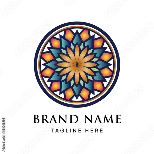 Colorful geometric lotus flower logo. Vibrant gradient floral ornament for beauty, health, or yoga studio branding
