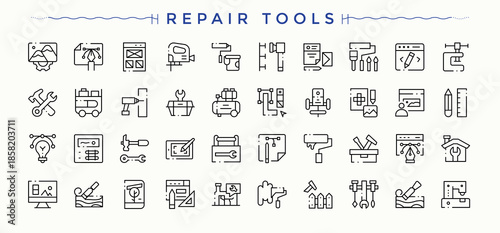 Repair Tools icon set. Related to paint, equipment, mechanic, work, build, construction, house and more. Minimalist editable vector stroke. Vector artwork and illustration. Machinery icon set.