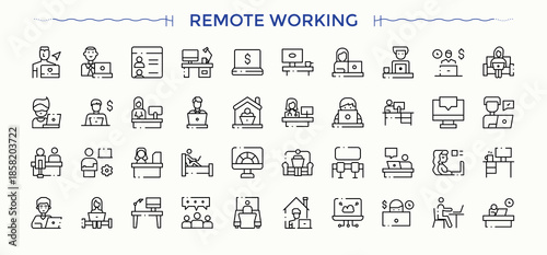 Remote Working modern icon set. Thin outline icons pack. Contains outline symbols like freelance, business, freelancer, work, remote. Editable vector art and illustration. Freelance icon set.