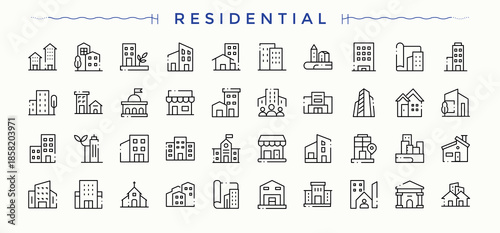 Residential icon set. Thin line icons set. Pixel perfect. Editable vector. Residential icon set. Contain linear sign construction, real estate, home, town, office, villa and more.