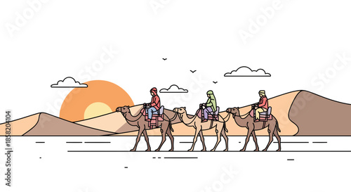 People traveling through desert on camelback at sunset