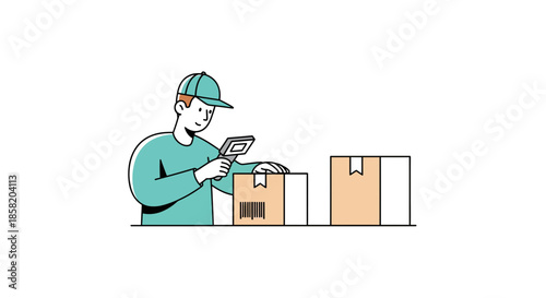Delivery man scanning parcel with smartphone and packages