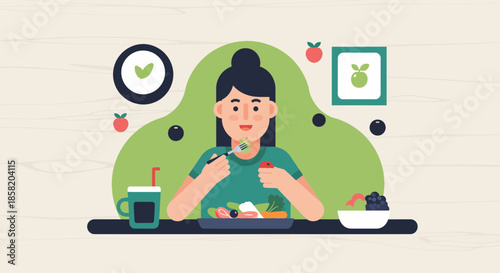Woman enjoying healthy meal with fresh fruits and vegetables
