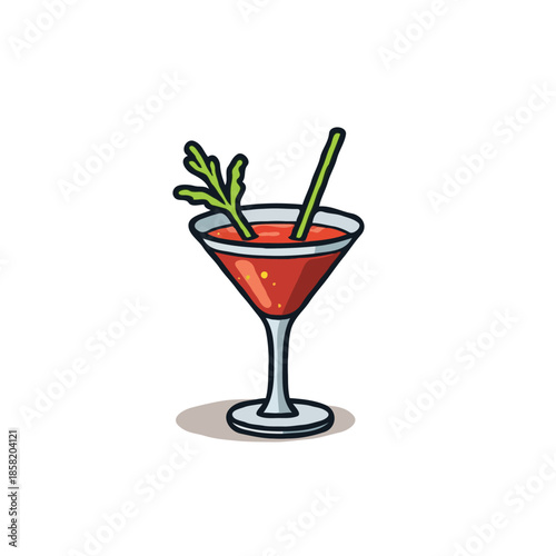 Stylized bloody mary illustration featuring a celery garnish and straw in a glass against white
