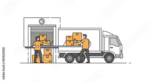 Delivery men loading packages into truck at warehouse dock