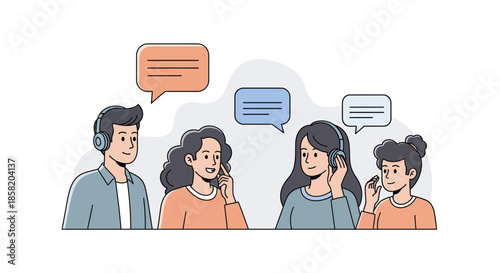 Customer support team discussing client issues with headsets on